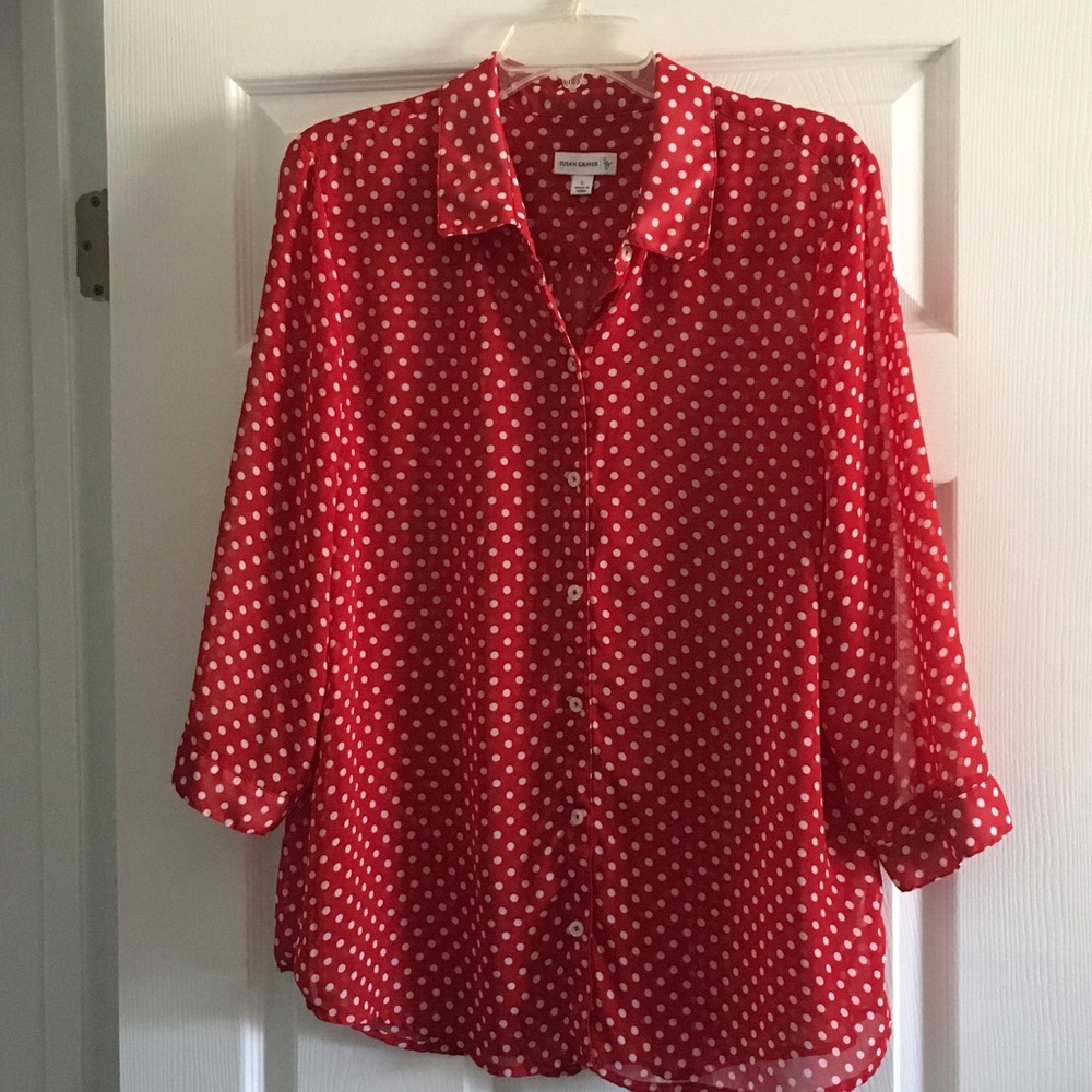 Susan Graver Red Polka Dot Button-Down Blouse